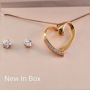 Gold Over Sterling Crystal Open Heart Pendant Necklace Earrings Set - New…